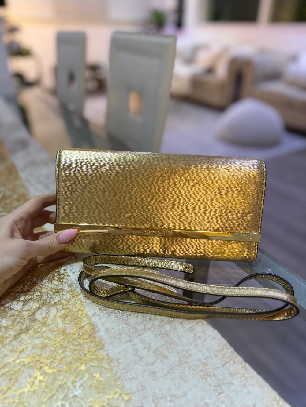 Michael Kors Lana Genuine Leather Clutch Bag- Pale Gold, Very Rare!